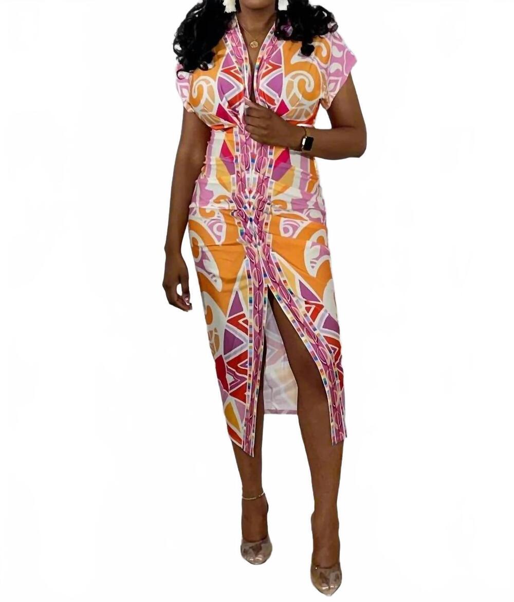 NEW HER BOTTARI wish you could plunge pleated midi dress in orange/ pink